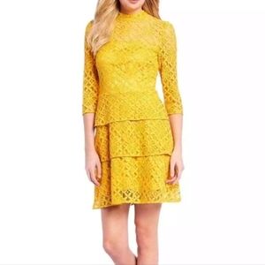 Alex Marie Nadia Sunflower Yellow Lace High Neck 3/4 Sleeve Tiered Ruffle Dress
